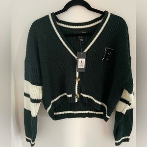 Forest green cropped button-up varsity cardigan